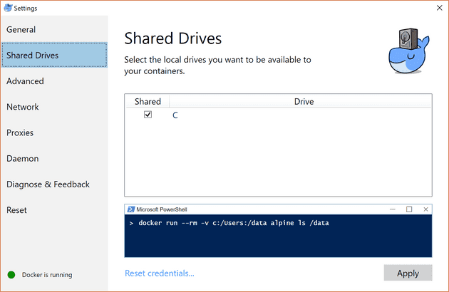 The Docker Settings window showing the shared drive and the C drive ticked