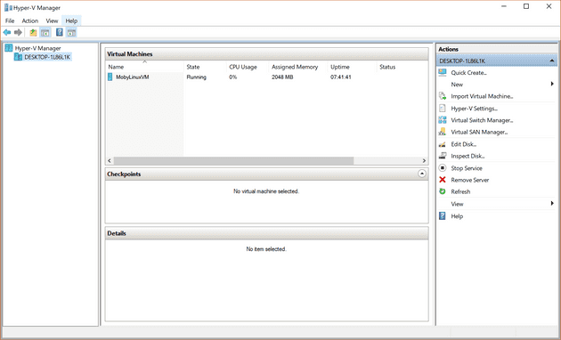 The Hyper-V manager with one VM running