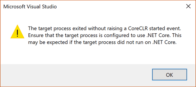 Process exited without raising a CoreCLR started event